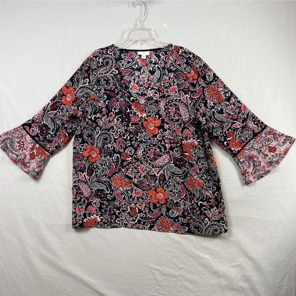 J. Jill Blouse Womens M Navy Coral Paisley Floral V-Neck Bell Sleeve Top